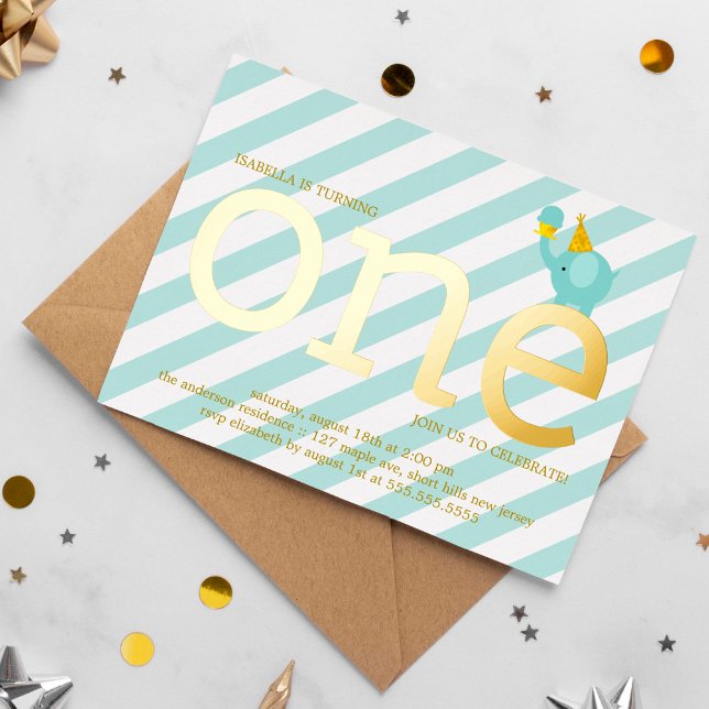 Mint and Faux Gold Foil Elephant Birthday Party In (Creator Uploaded)