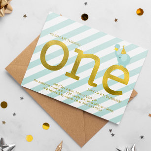 Mint and Faux Gold Foil Elephant Birthday Party Invitation