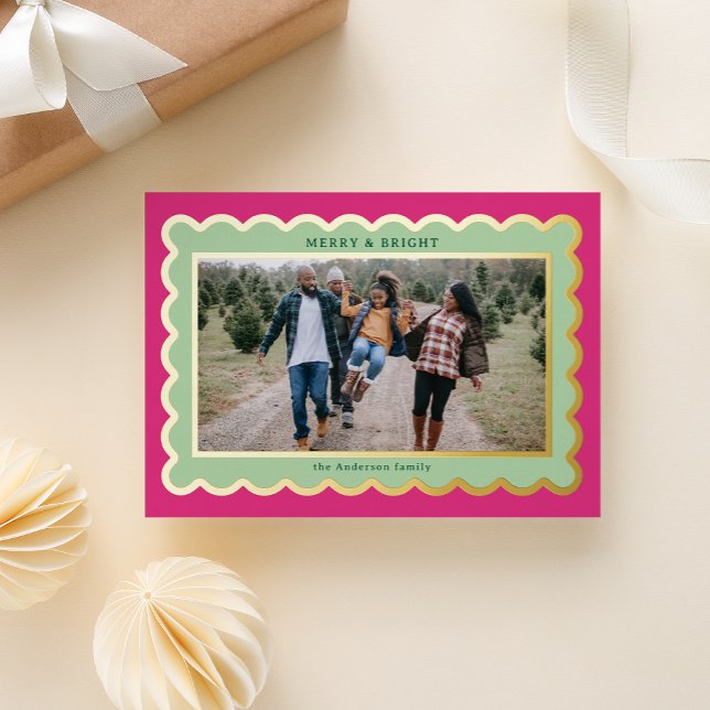 Mint and Fuchsia Pink Preppy Scallop Photo Frame (Pretty scalloped mint and pink frame with a preppy Kate spade vibe and real foil holiday card)