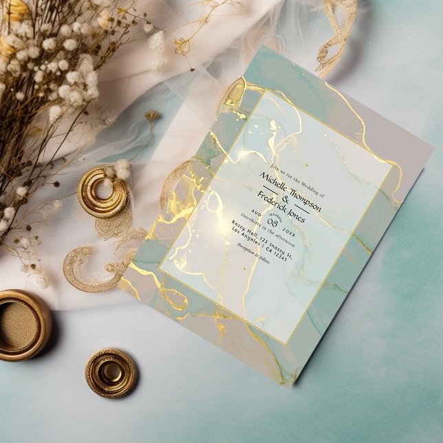 Mint and Gold Alcohol Ink Marble Wedding Invitation (Creator Uploaded)