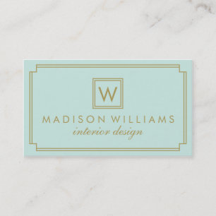 Mint and Gold Art Deco Monogram Business Card