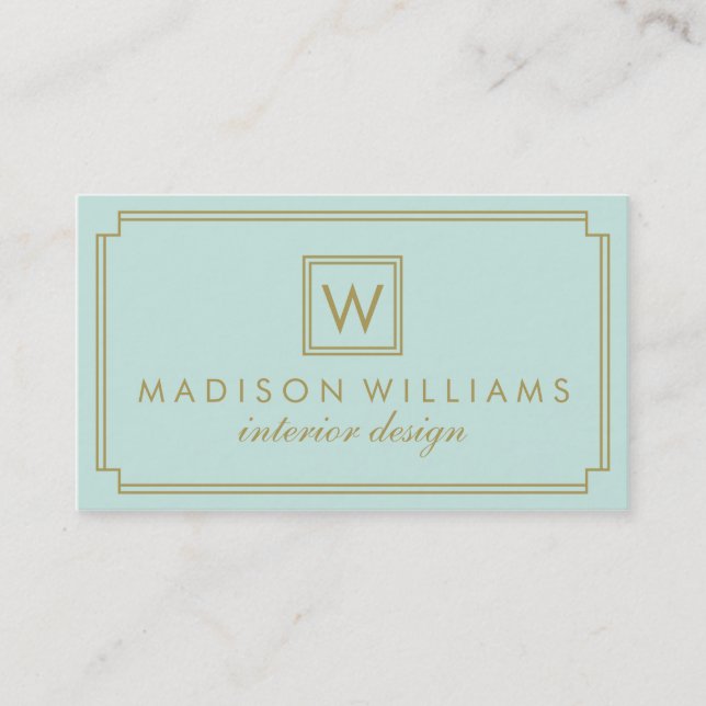 Mint and Gold Art Deco Monogram Business Card (Front)