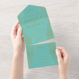 Mint and Gold Art Deco Wedding All In One Invitation