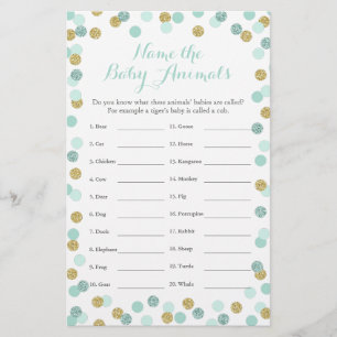 Mint and Gold Baby Shower Baby Animal Name Game