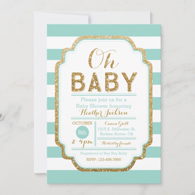 Mint And Gold Baby Shower Invitation, Baby Girl Invitation (Front)