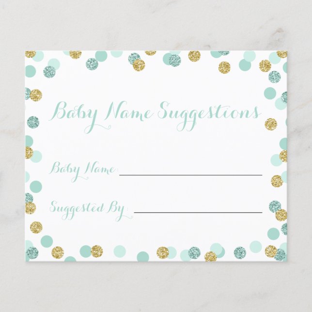Mint and Gold Baby Shower Name Suggestion Cards (Front)