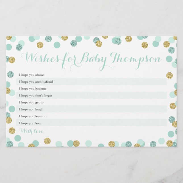 Mint and Gold Baby Shower Wishes for Baby Cards (Front)