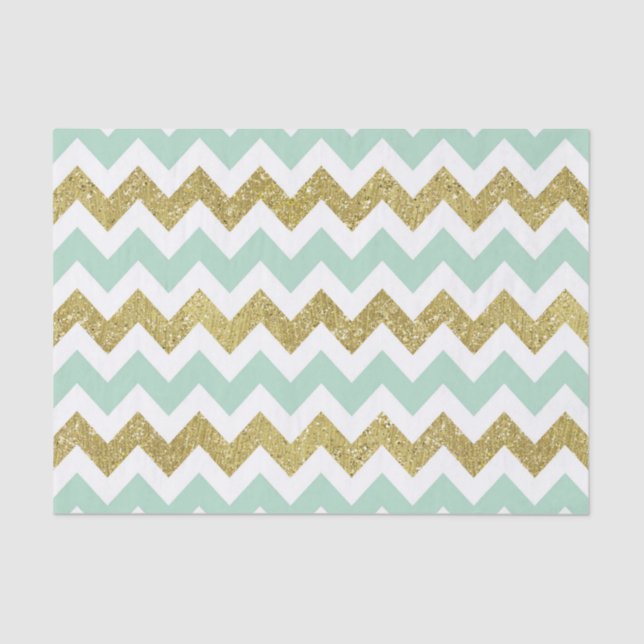 Mint and Gold Faux Glitter Chevron Tissue Paper (Front)
