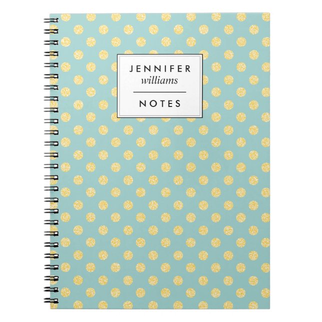 Mint and Gold Faux Glitter Dots Personalised Spiral Notebook (Front)