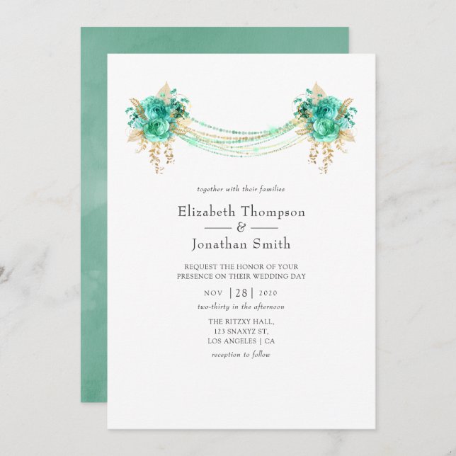 Mint and Gold Floral Lights Wedding Invitation (Front/Back)