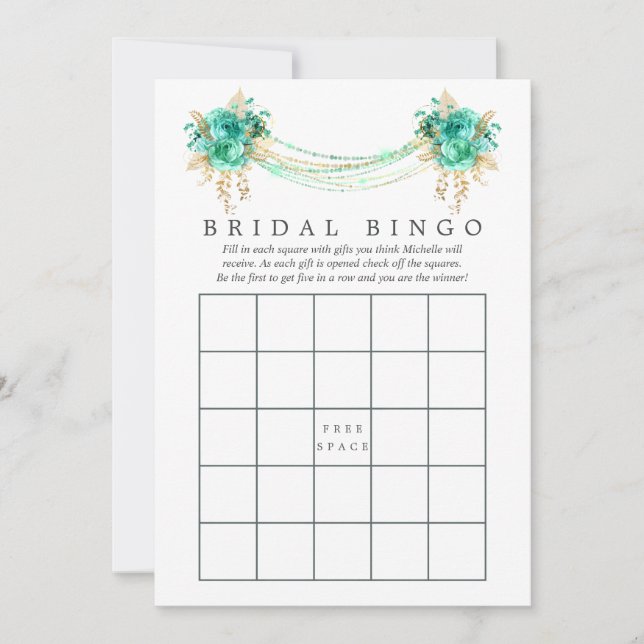 Mint and Gold Floral String Lights Bridal Bingo (Front)