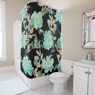 Mint and Gold Flowers on Black Shower Curtain