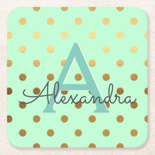 Mint and Gold Foil Polka Dots Monogram Birthday Square Paper Coaster