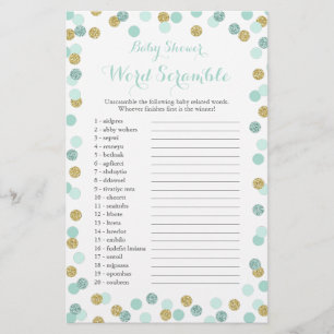 Mint and Gold Glitter Baby Shower Word Scramble Flyer