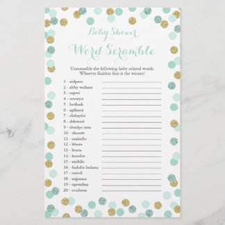 Mint and Gold Glitter Baby Shower Word Scramble Flyer