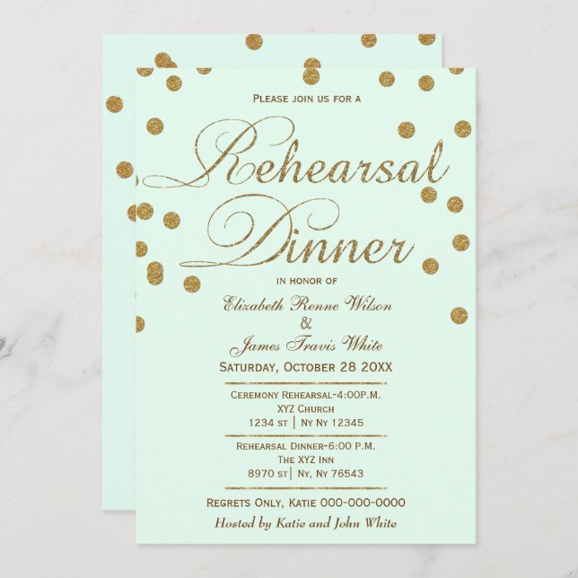 mint and gold glitter rehearsal dinner invitation (Front/Back)