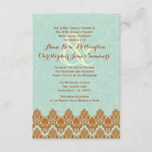 Mint and Gold Lace and Grunge Damask Wedding V03 Invitation