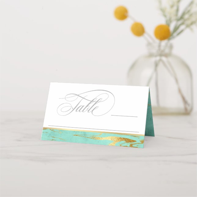 Mint and Gold Marble Pattern Wedding Place Card (Front)