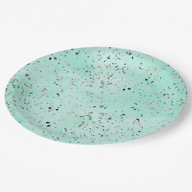 Mint and gold marble terrazzo design Confetti Paper Plate (Angled)