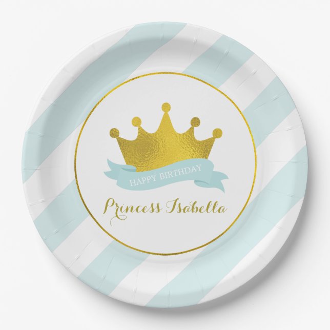 Mint and Gold Princess Birthday Party Paper Plate (Front)