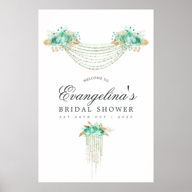 Mint and Gold String Lights Bridal Shower Welcome Poster (Front)