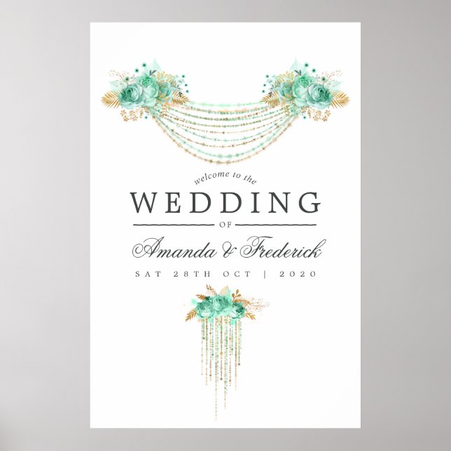 Mint and Gold String Lights Floral Wedding Welcome Poster (Front)