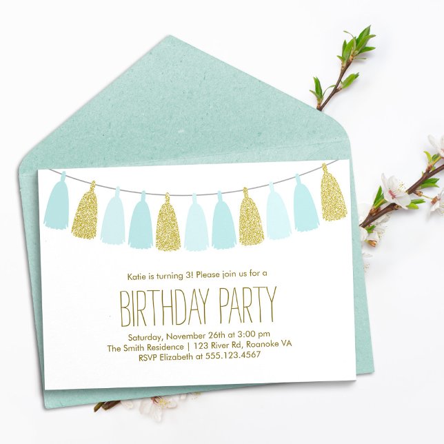 Mint and Gold Tassel Garland Birthday Party Invitation (Creator Uploaded)