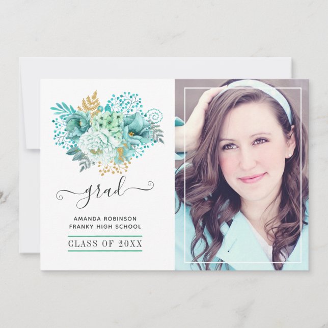 Mint and Gold Watercolor Floral Graduation Photo Announcement (Front)