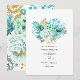 Mint and Gold Watercolor Floral Wedding Invitation