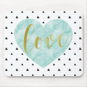Mint and Gold Watercolor "Love" Mouse Pad