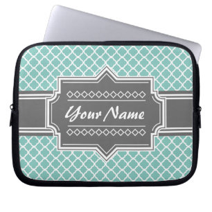 Mint and Gray Moroccan Quatrefoil Personalized N1 Laptop Sleeve