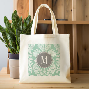 Mint and Grey Damask Pattern Custom Monogram Tote Bag