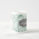 Mint and Grey Damask Pattern Custom Name Bone China Mug<br><div class="desc">Add your name or monogram to this trendy and feminine floral damasks with popular colours. The damask has a whimsical chalkboard look.</div>