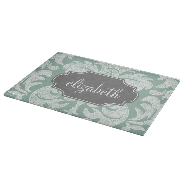 Mint and Grey Damask Pattern Custom Name Cutting Board (Corner)