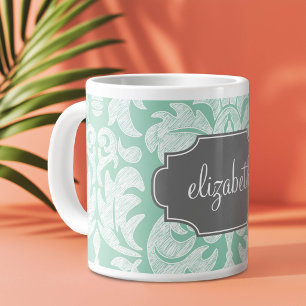 Mint and Grey Damask Pattern Custom Name Large Coffee Mug