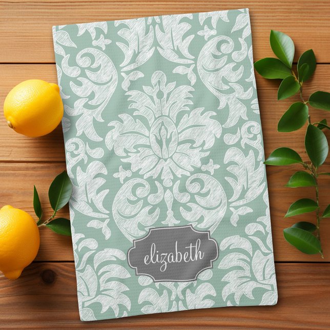 Mint and Grey Damask Pattern Custom Name Tea Towel (Custom kitchen towel)