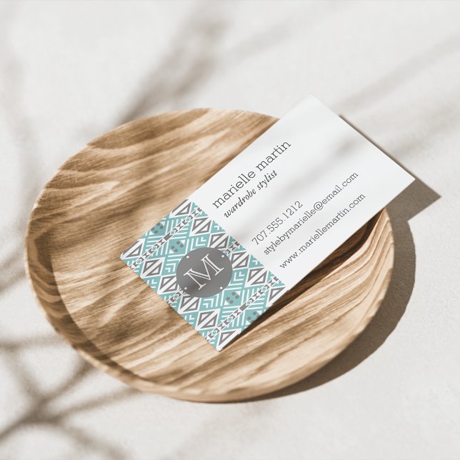 Mint and Grey Geometric Tribal Pattern Monogram Business Card (Creator Uploaded)
