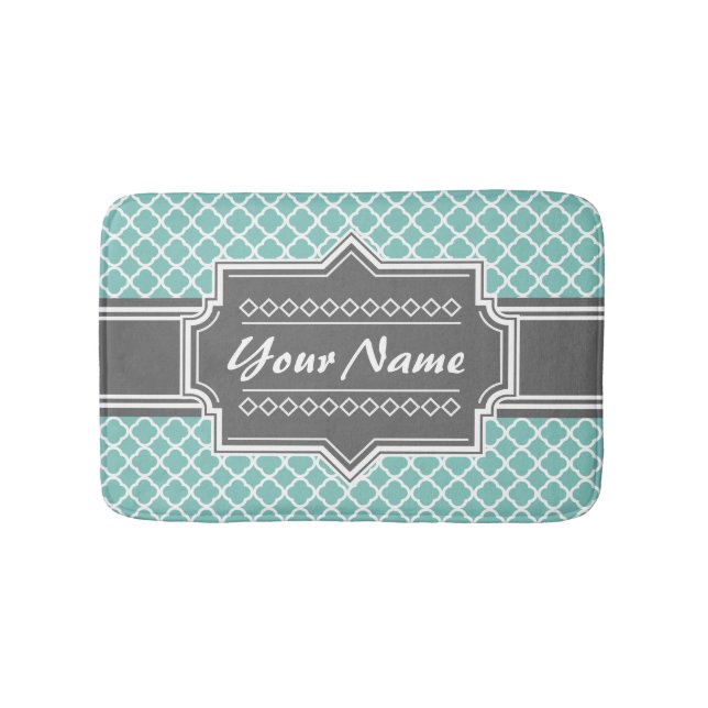 Mint and Grey Moroccan Quatrefoil Personalised N1 Bath Mat (Front)