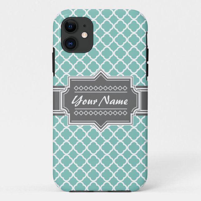 Mint and Grey Moroccan Quatrefoil Personalised N1 Case-Mate iPhone Case (Back)