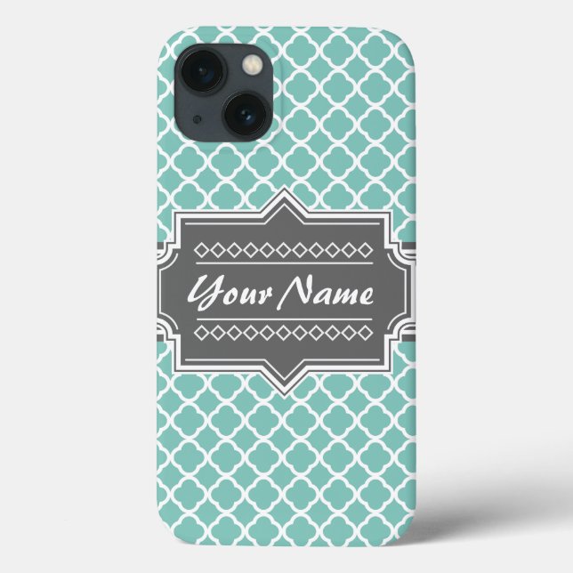 Mint and Grey Moroccan Quatrefoil Personalised N1 Case-Mate iPhone Case (Back)