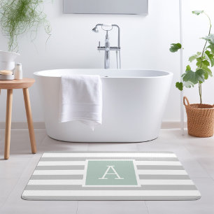 Mint and Grey Stripes Monogram   Editable Colours Bath Mat
