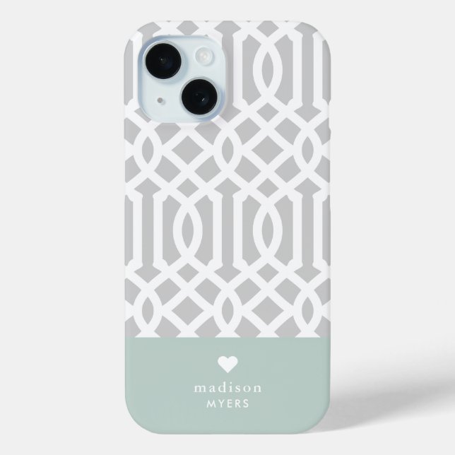 Mint and Grey Trellis Heart Monogram Case-Mate iPhone Case (Back)