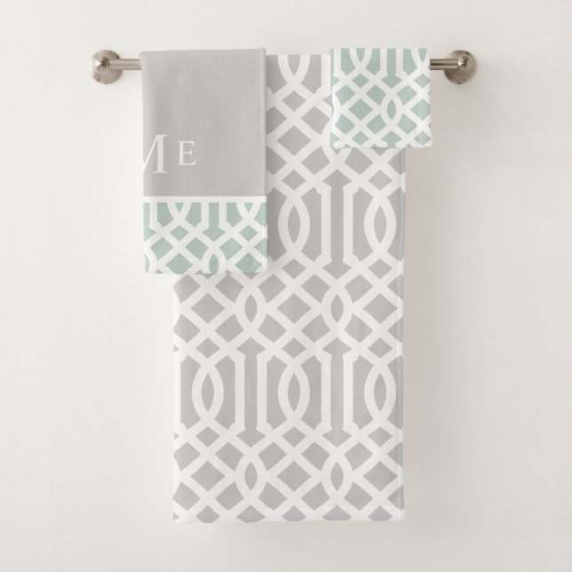 Mint and Grey Trellis Monogram | Editable Colours Bath Towel Set (Insitu)
