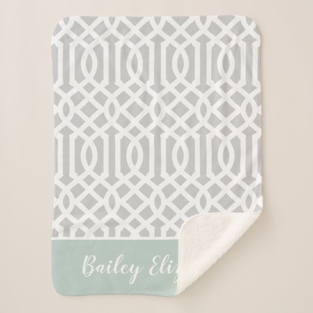 Mint and Grey Trellis Monogram | Editable Colours Sherpa Blanket (Front)