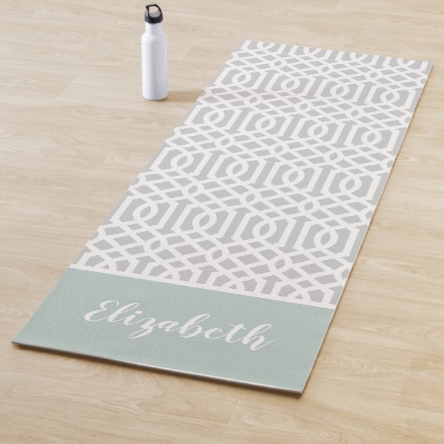Mint and Grey Trellis Monogram | Editable Colours Yoga Mat (In Situ)