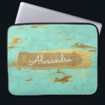 Mint and Marble with Gold Foil and Glitter Laptop Sleeve<br><div class="desc">Mint Teal Blue and Marble with Gold Foil and Glitter Elegant Monogram Name Case. This case can be customised to include your first name.</div>