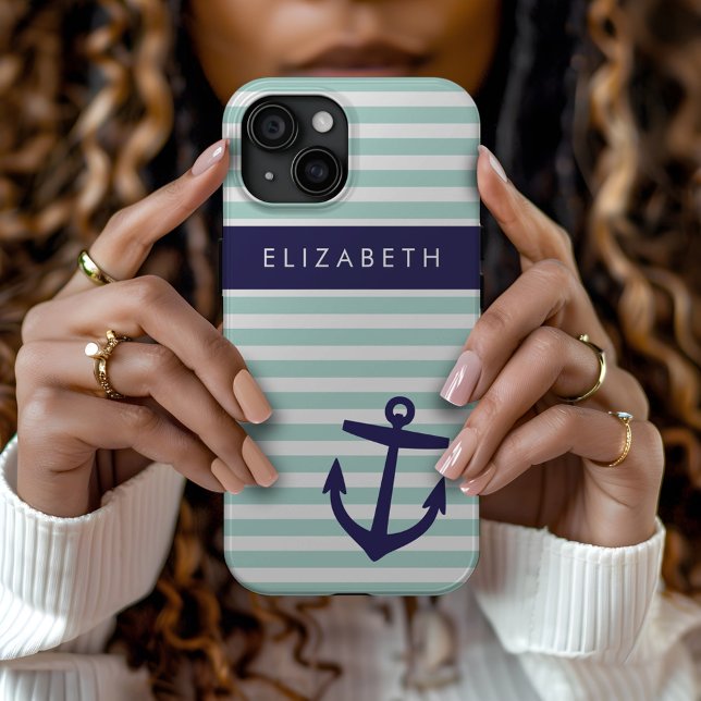 Mint and Navy Nautical Stripes Anchor Monogram Case-Mate iPhone Case (Creator Uploaded)