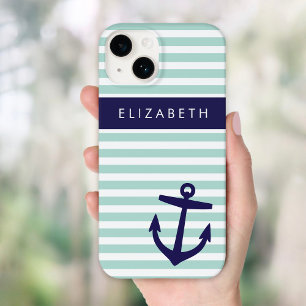 Mint and Navy Nautical Stripes Anchor Monogram Case-Mate iPhone 14 Case