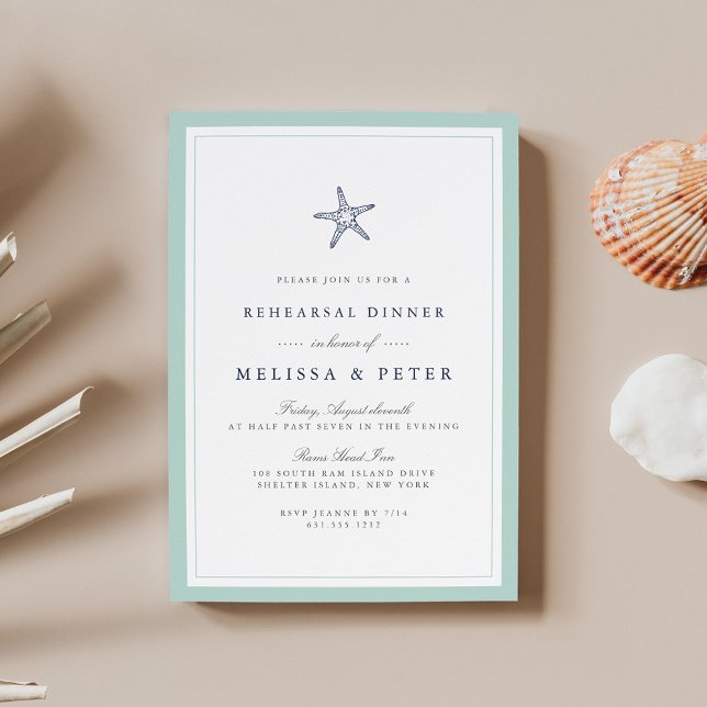 Mint and Navy Starfish Rehearsal Dinner Invitation (Creator Uploaded)