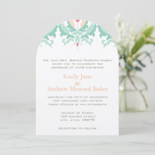 Mint and Peach Damask Wedding Invitation